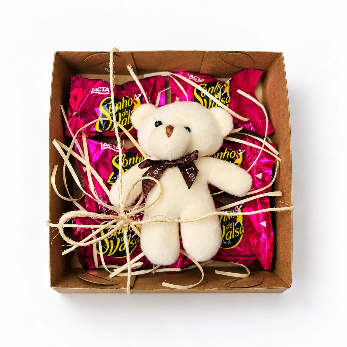 Caixa kraft com 6 chocolates Sonho de Valsa com ursinho de pelúcia
