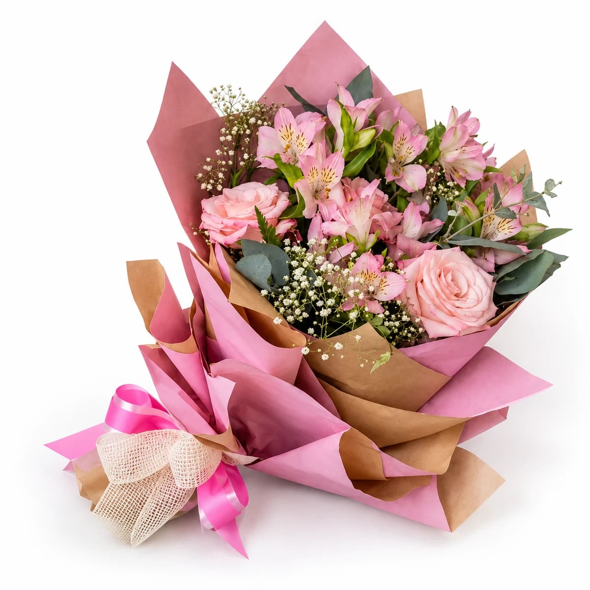 Buquê Singeleza 04 rosas rosa + astromélias