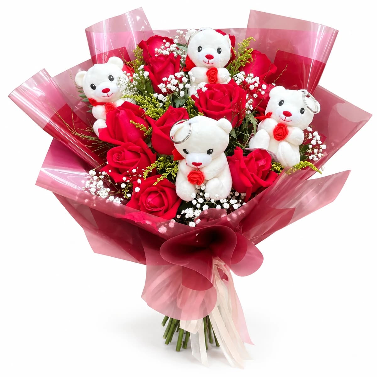 Buquê Doze Rosas & Quatro Carinhosos Ursinhos