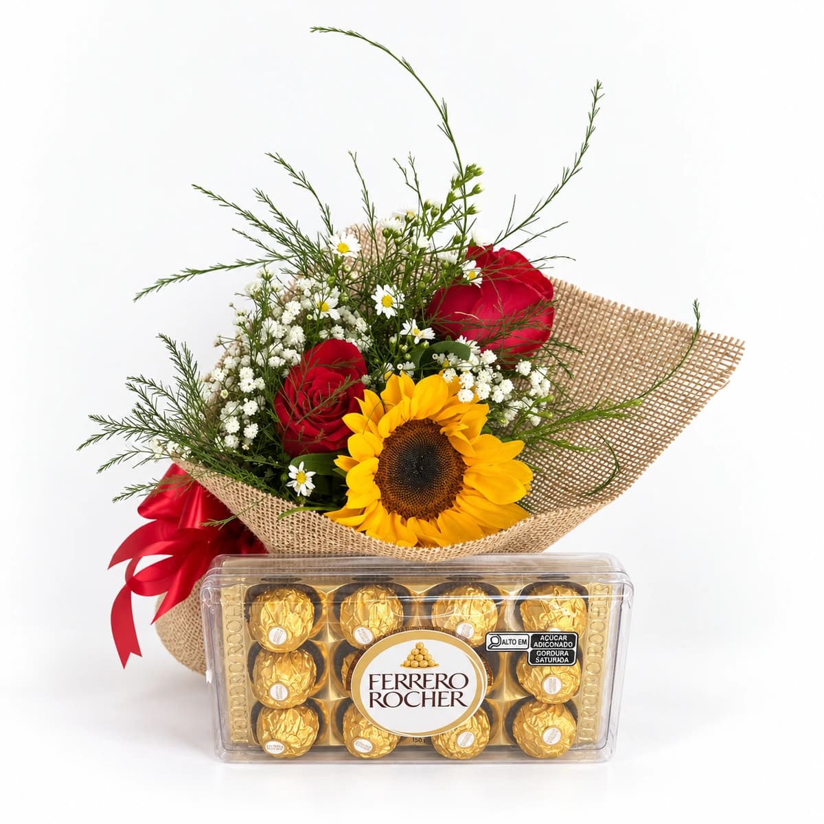 Buquê Girassol e Rosas + Chocolate Ferrero T12