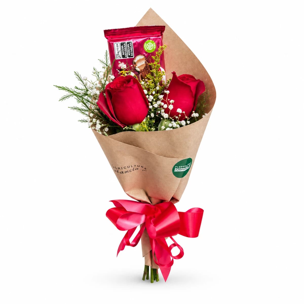 Buquê Carinho 2 rosas vermelha + barra chocolate + papel kraft